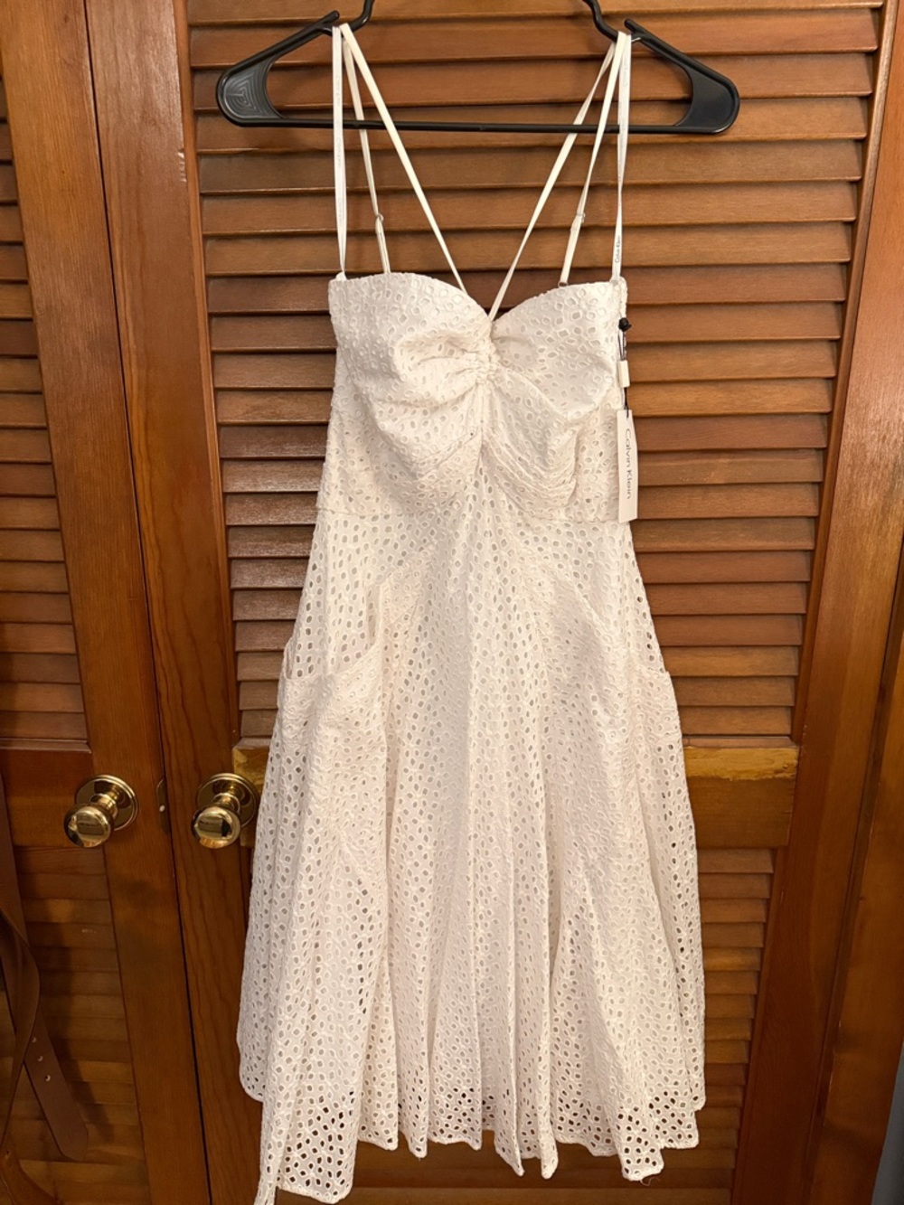 Calvin Klein White Eyelet Midi Dress with Spaghetti Straps